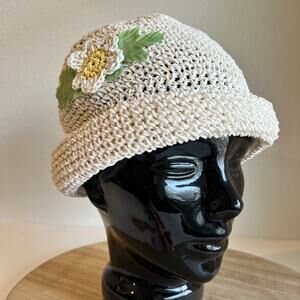 Vintage Natural Fiber Floral Embellished Beanie Hat Size Small/Medium